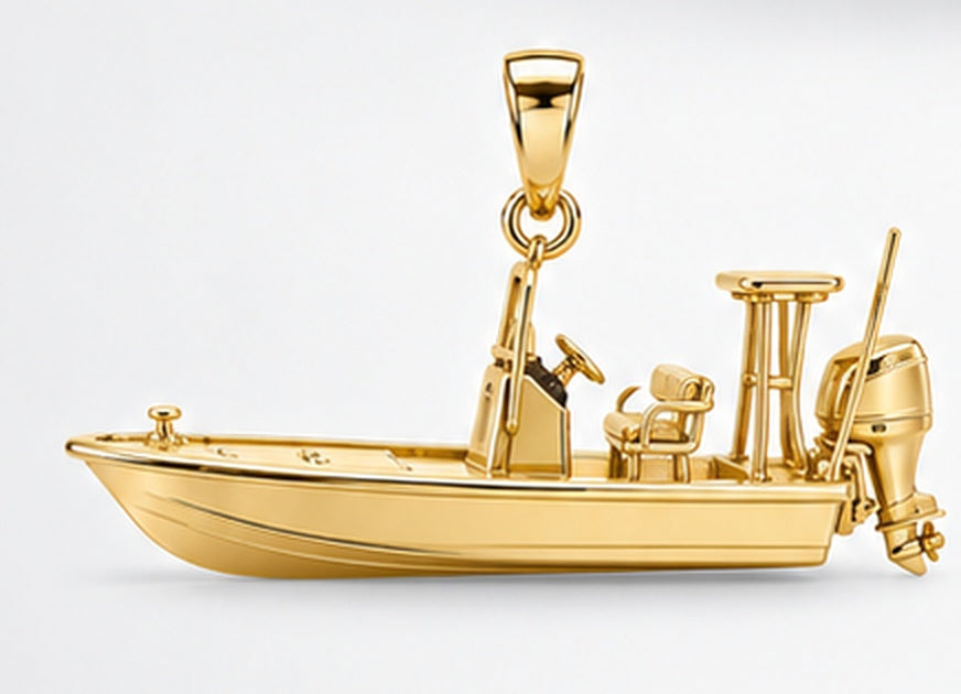 Yellow-gold flats skiff pendant with console, open casting deck, poling platform and bail, side view. AI-generated design rendering; pendant only.