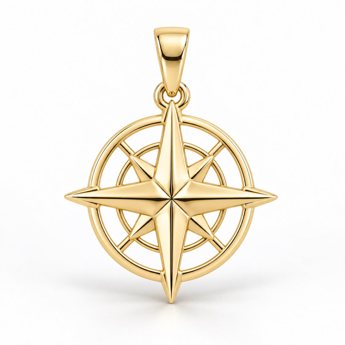 Yellow-gold compass rose pendant design rendering with eight pointed rays and concentric open rings on white.