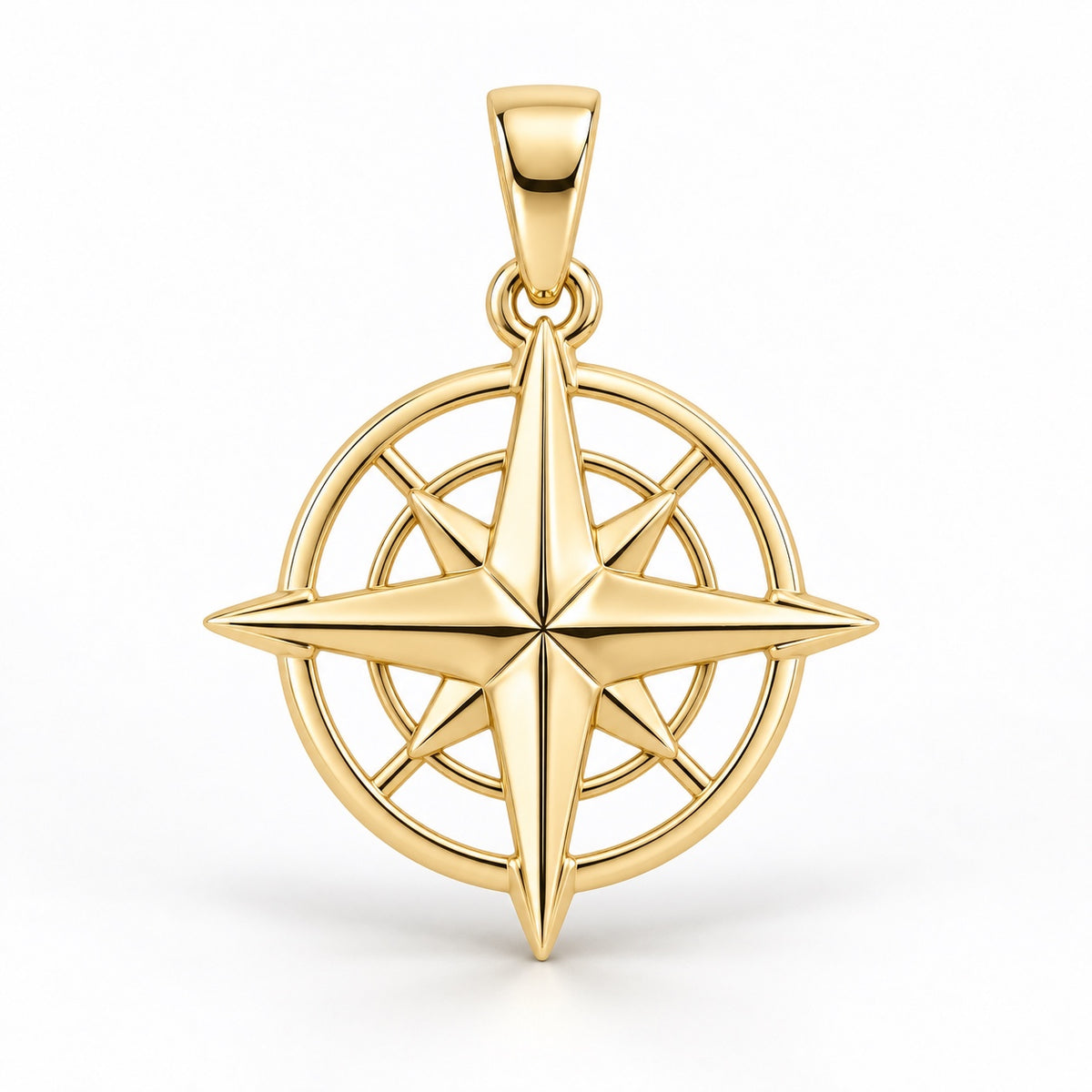 Yellow-gold compass rose pendant design rendering with eight pointed rays and concentric open rings on white.