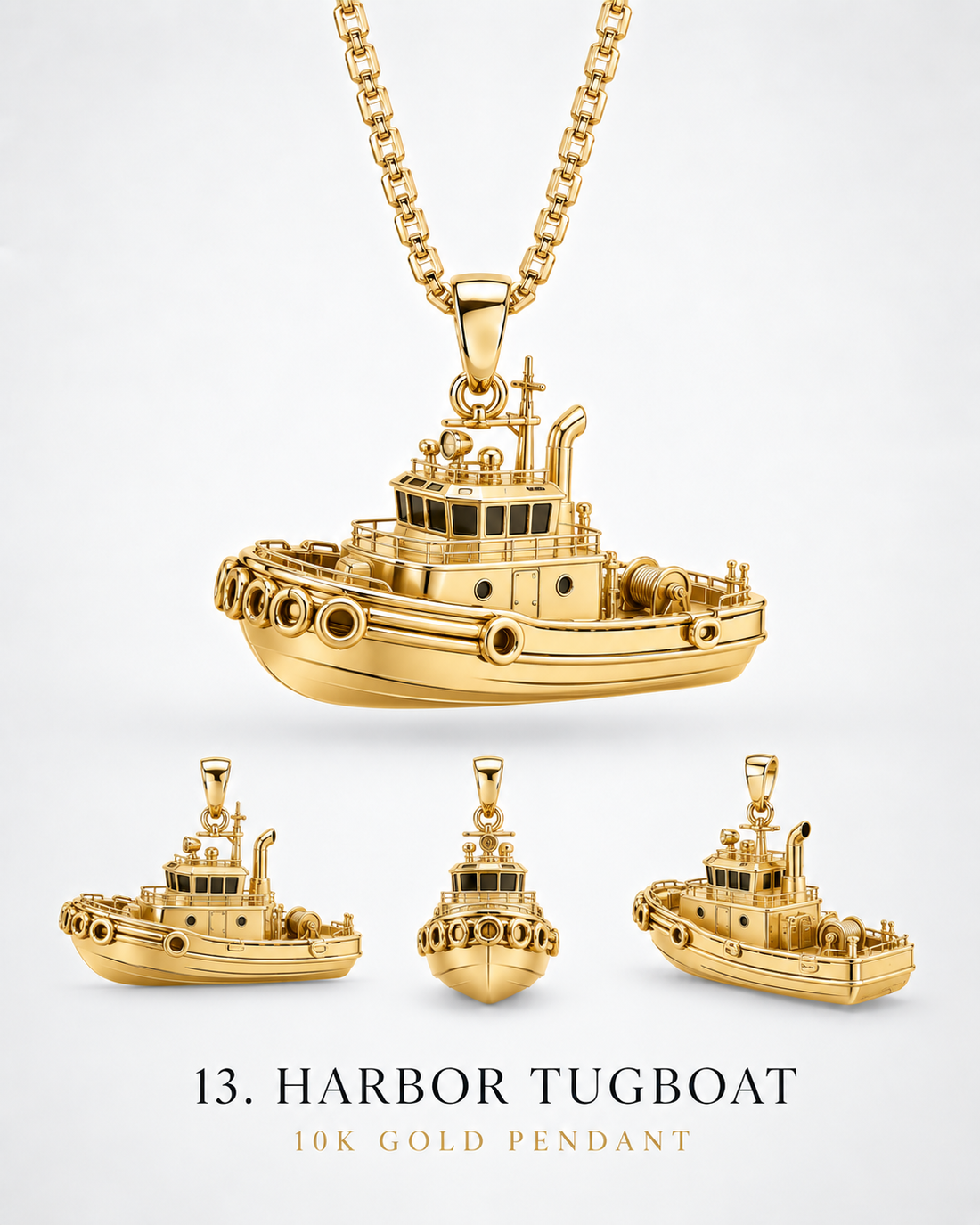 Harbor tugboat pendant catalog with yellow-gold hero and alternate views. AI-generated design rendering; display chain not included.