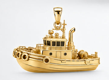 Yellow-gold harbor tugboat pendant with wheelhouse, rounded fenders, aft winch and bail, side view. AI-generated design rendering; pendant only.