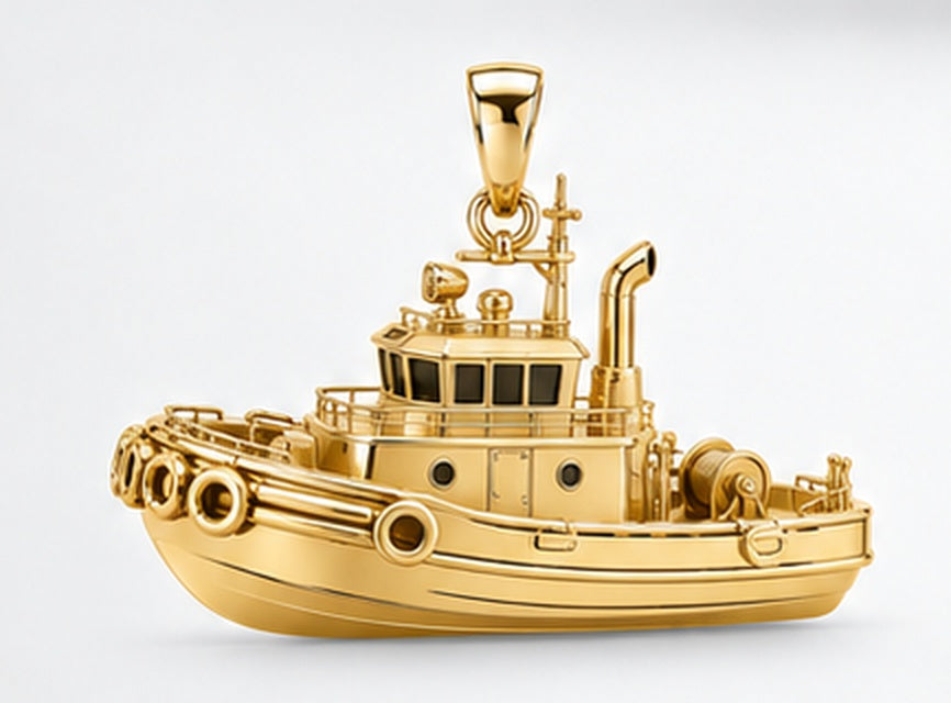 Yellow-gold harbor tugboat pendant with wheelhouse, rounded fenders, aft winch and bail, side view. AI-generated design rendering; pendant only.