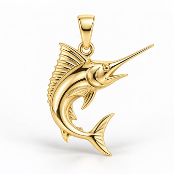Yellow-gold sailfish-inspired pendant design rendering with a long bill, raised dorsal fin and curved forked tail on white.