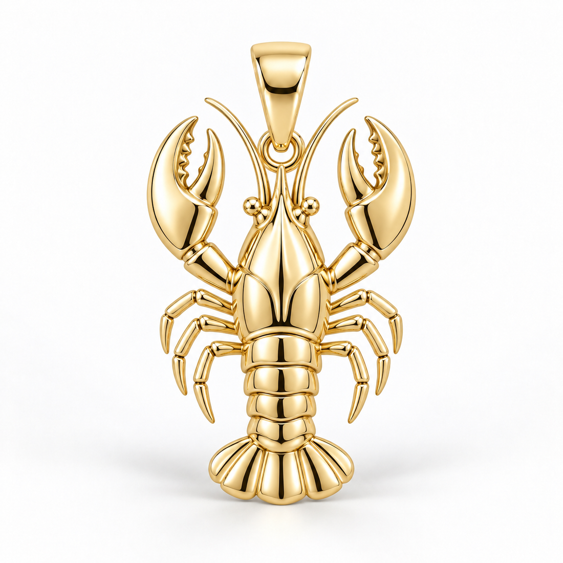 Yellow-gold lobster pendant design rendering with raised claws, curved antennae, segmented body and fan tail on white.
