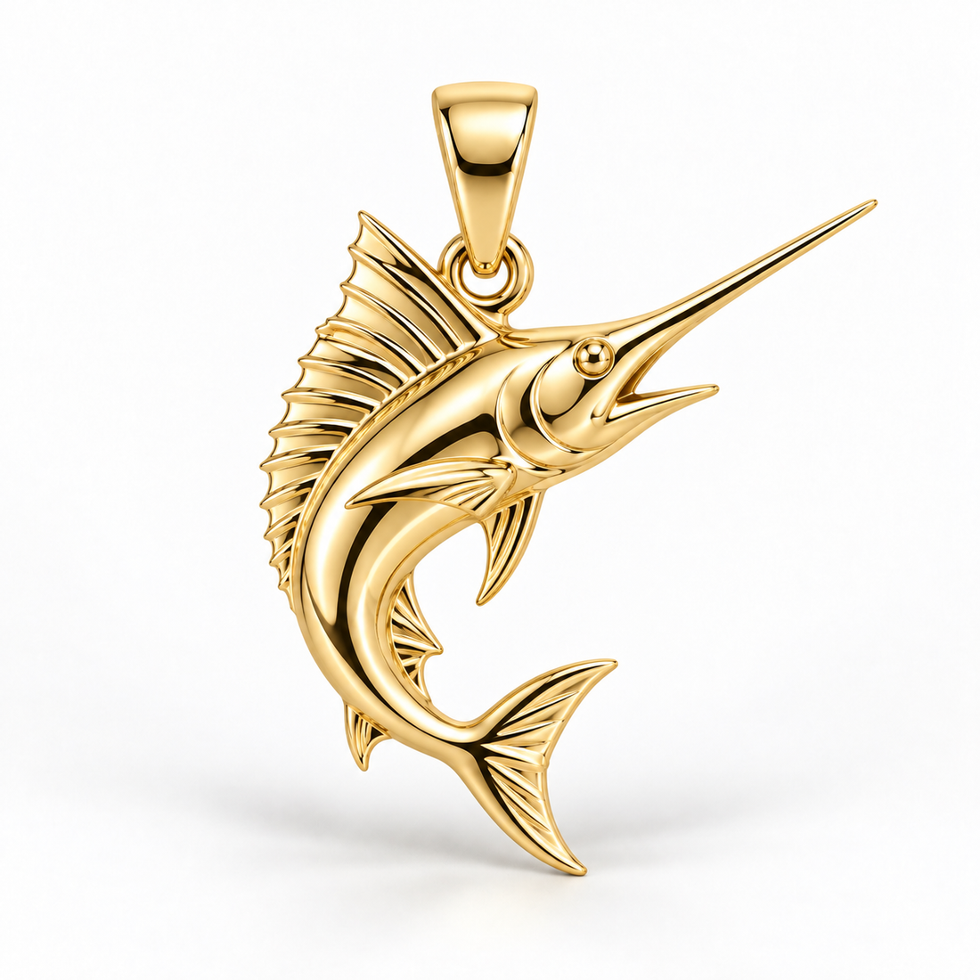 Yellow-gold marlin-inspired billfish pendant rendering with a long bill, ridged dorsal fin and leaping curved body.
