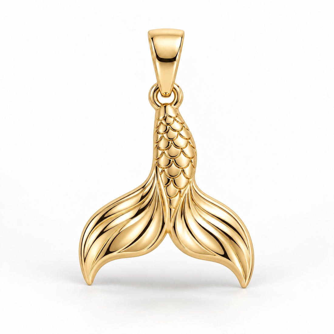 Yellow-gold mermaid tail pendant design rendering with overlapping scales and flowing ridges across the split fin.