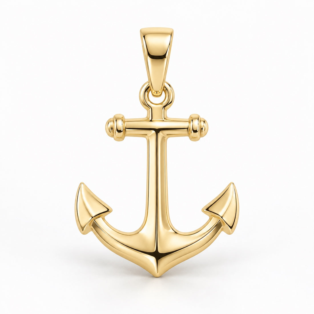 Yellow-gold anchor pendant design rendering with curved arms, pointed flukes and a polished tapered bail on white.