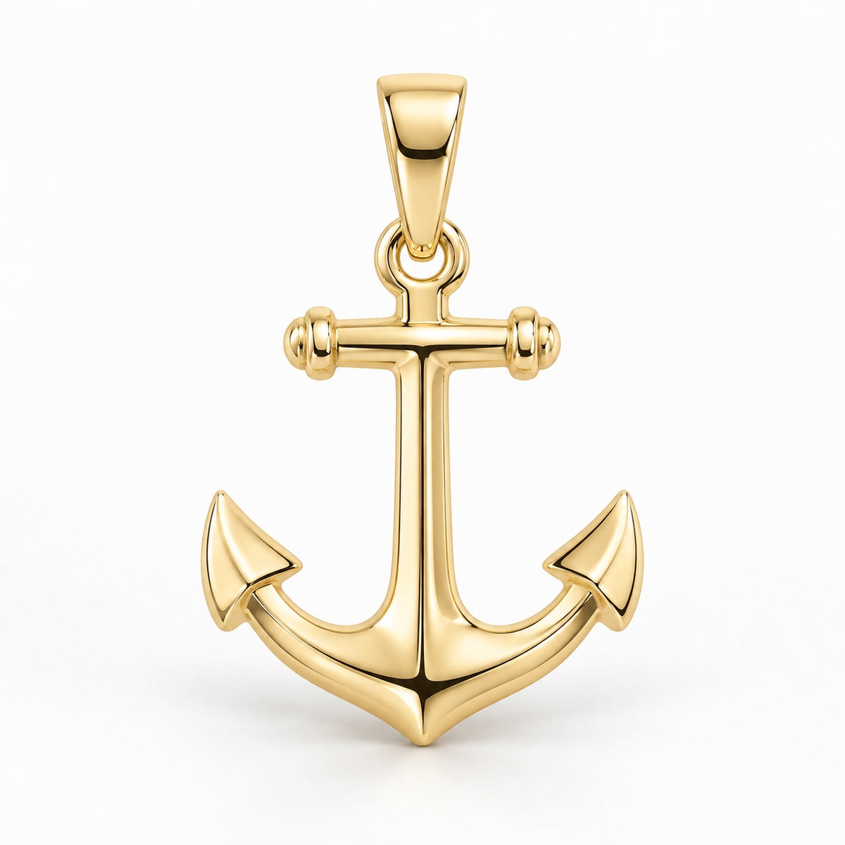 Yellow-gold anchor pendant design rendering with curved arms, pointed flukes and a polished tapered bail on white.