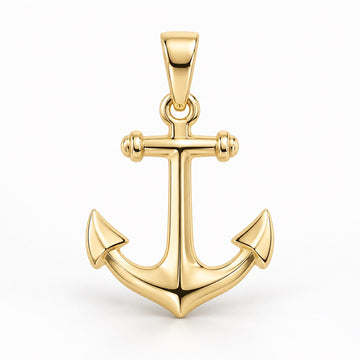 Yellow-gold anchor pendant design rendering with curved arms, pointed flukes and a polished tapered bail on white.