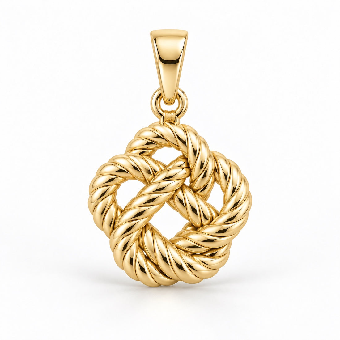 Yellow-gold nautical rope knot pendant design rendering with intertwined textured loops and a tapered bail on white.