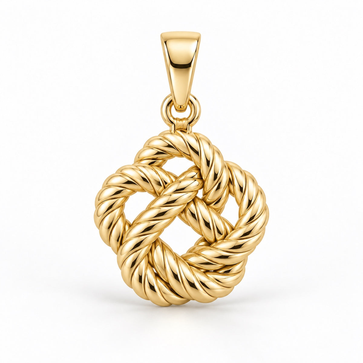 Yellow-gold nautical rope knot pendant design rendering with intertwined textured loops and a tapered bail on white.
