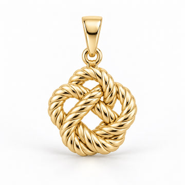 Yellow-gold nautical rope knot pendant design rendering with intertwined textured loops and a tapered bail on white.