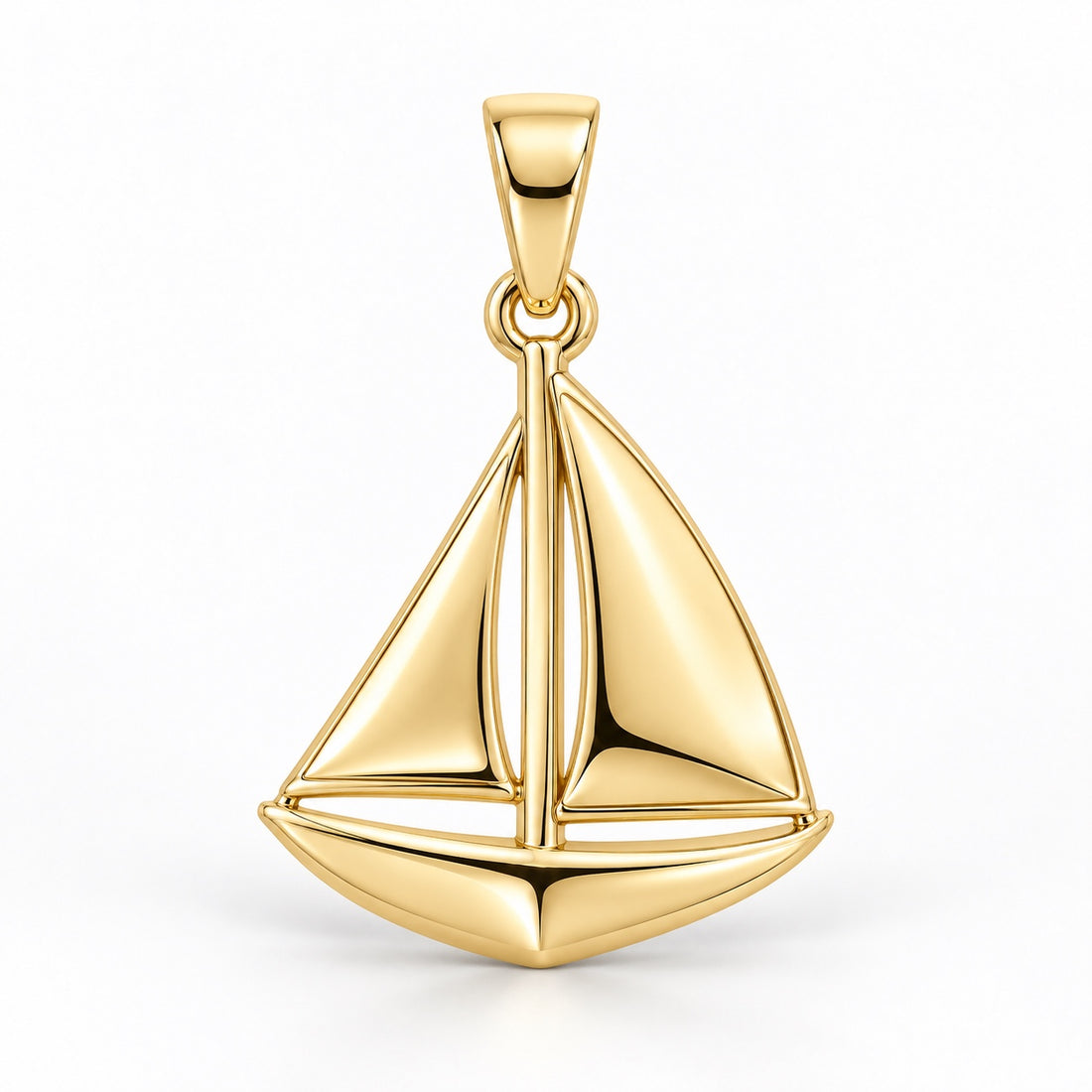 Yellow-gold sailboat pendant design rendering with two sculpted sails, a central mast and curved hull on white.