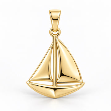 Yellow-gold sailboat pendant design rendering with two sculpted sails, a central mast and curved hull on white.