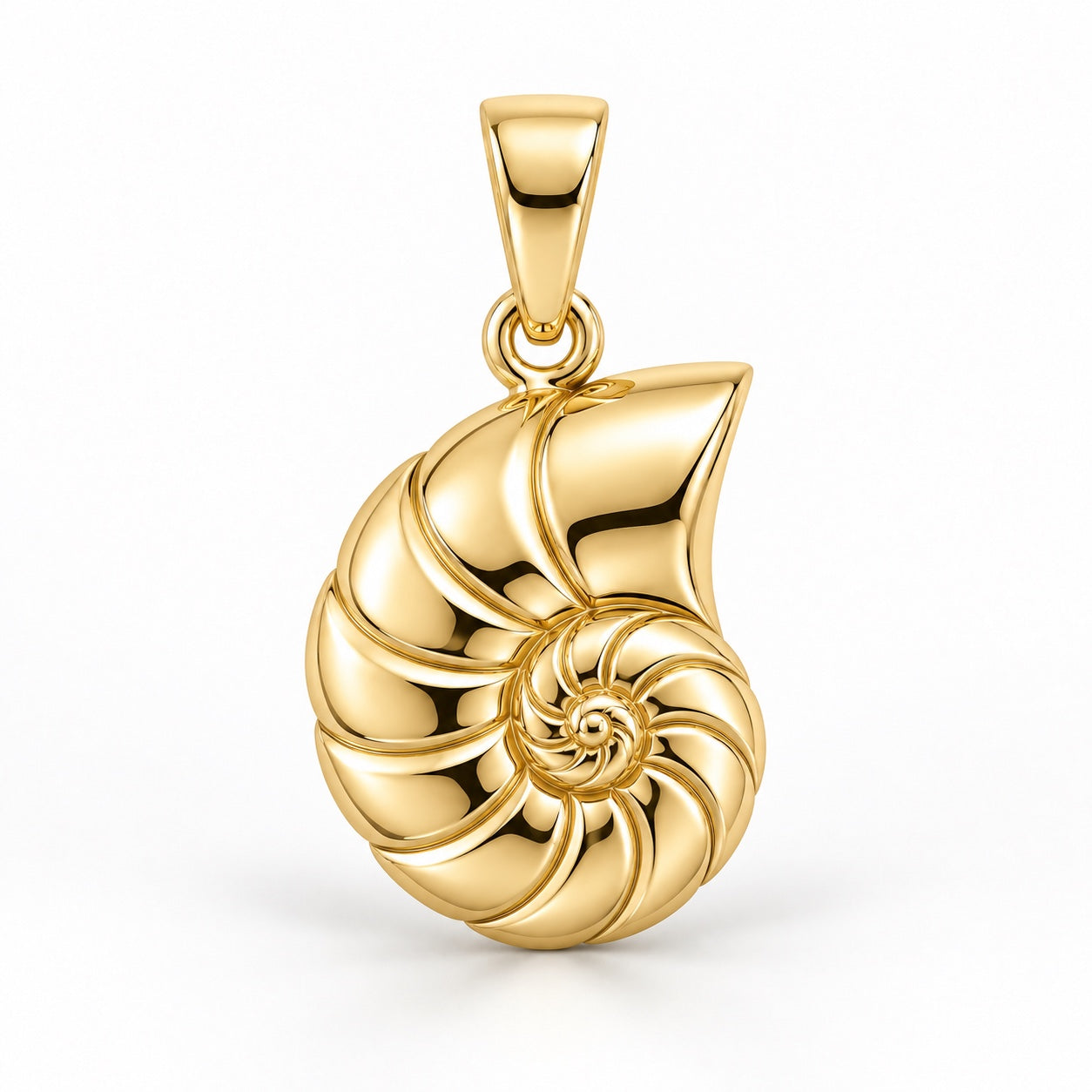 Yellow-gold nautilus shell pendant design rendering with a spiral center and raised curved segments on white.
