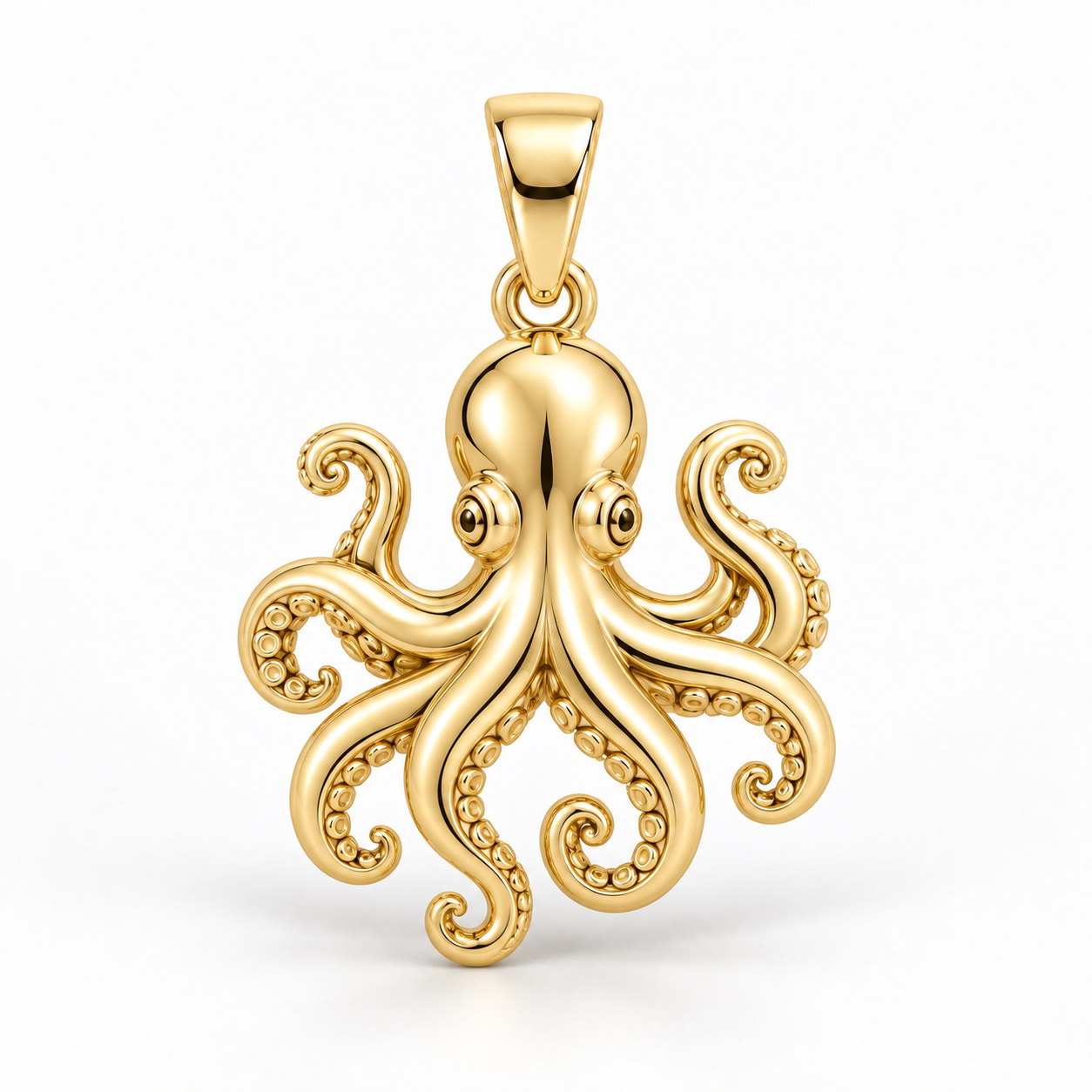 Yellow-gold octopus pendant design rendering with a rounded head, curling arms and suction-cup details on white.