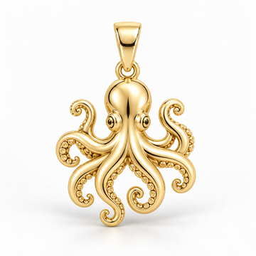 Yellow-gold octopus pendant design rendering with a rounded head, curling arms and suction-cup details on white.