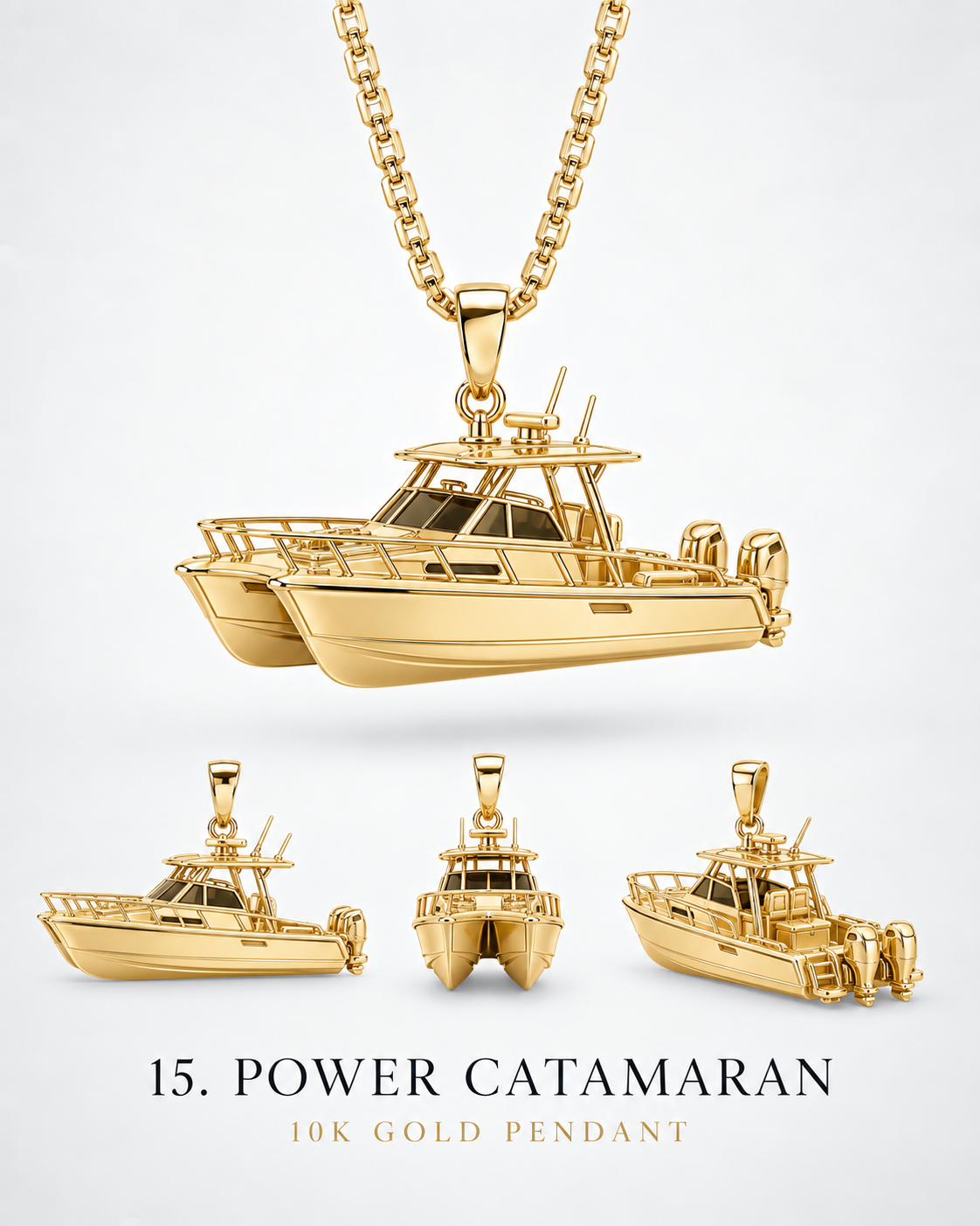 Power catamaran pendant catalog with yellow-gold hero and alternate views showing twin hulls. AI-generated design rendering; display chain not included.