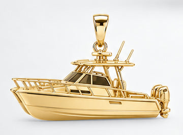 Yellow-gold power catamaran pendant with hardtop, cabin and bail, side view. AI-generated design rendering; pendant only.