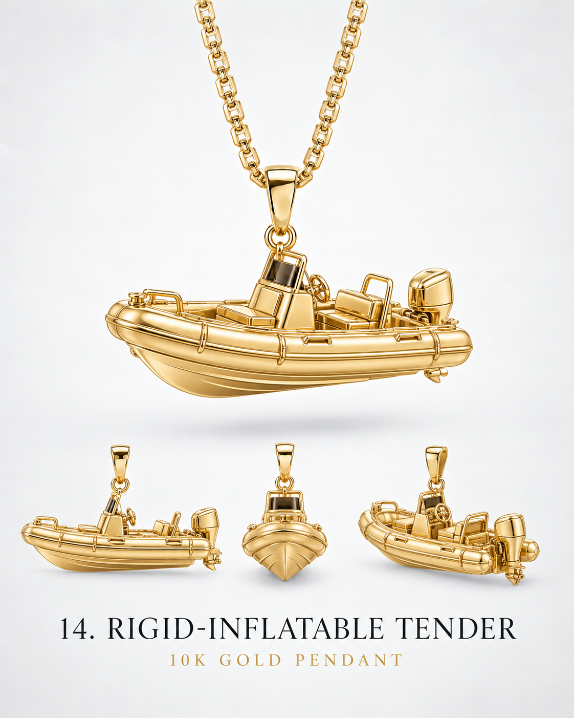 Rigid-inflatable tender pendant catalog with yellow-gold hero and alternate views. AI-generated design rendering; display chain not included.