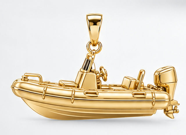 Yellow-gold rigid-inflatable tender pendant with rounded collar, steering console and bail, side view. AI-generated design rendering; pendant only.