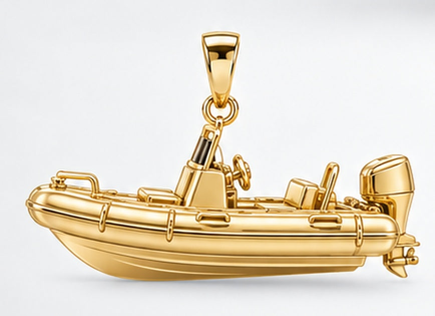 Yellow-gold rigid-inflatable tender pendant with rounded collar, steering console and bail, side view. AI-generated design rendering; pendant only.
