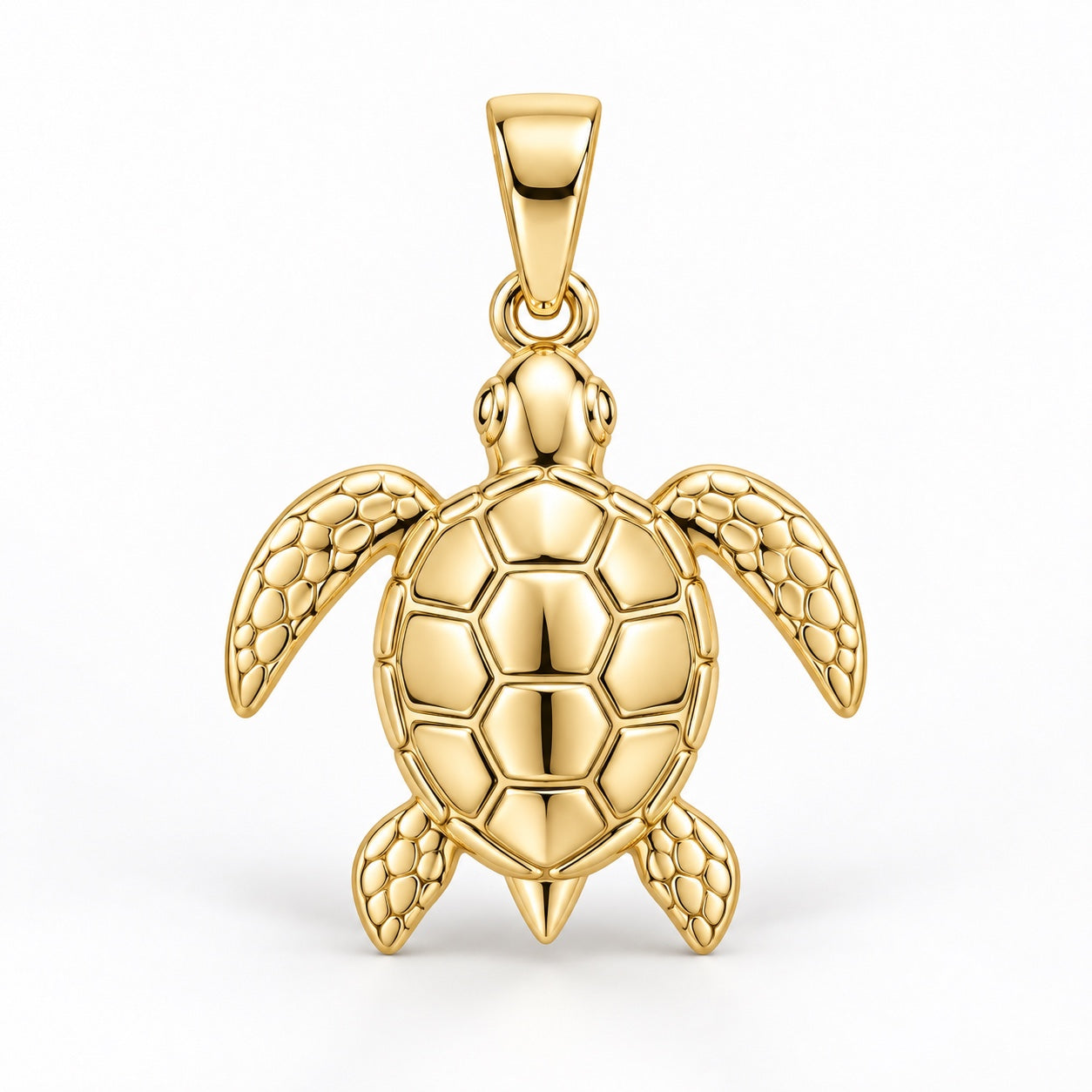 Yellow-gold sea turtle pendant design rendering with patterned shell plates and four textured flippers on white.