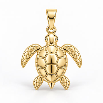 Yellow-gold sea turtle pendant design rendering with patterned shell plates and four textured flippers on white.