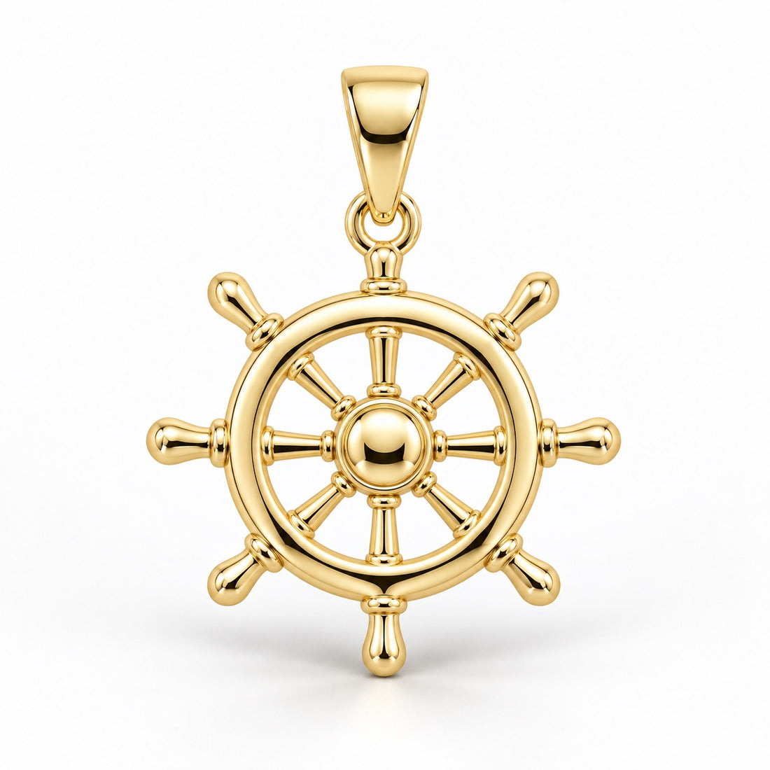 Yellow-gold ship's wheel pendant design rendering with open spokes, rounded handles and a domed center on white.