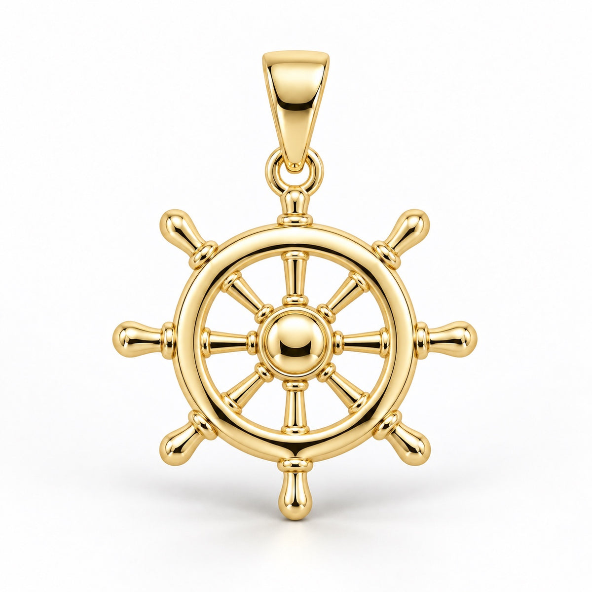 Yellow-gold ship's wheel pendant design rendering with open spokes, rounded handles and a domed center on white.