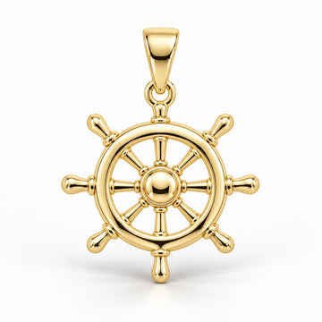 Yellow-gold ship's wheel pendant design rendering with open spokes, rounded handles and a domed center on white.