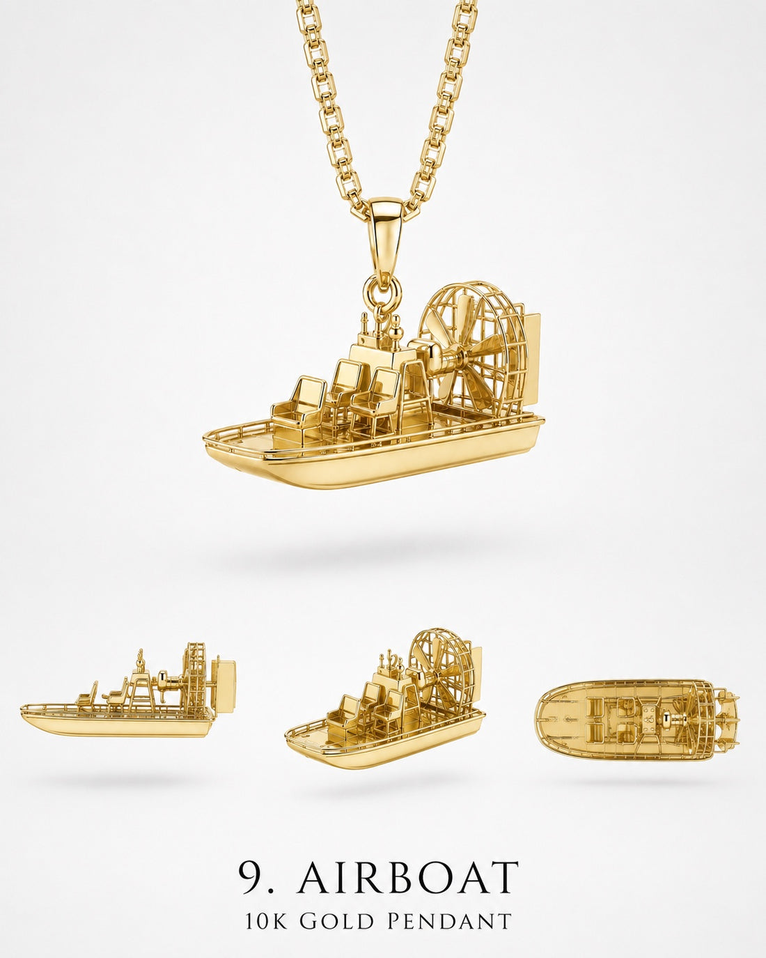 1Luxury Miami solid gold airboat pendant set-model concept with elevated seats, rear propeller, and protective fan cage shown from multiple angles