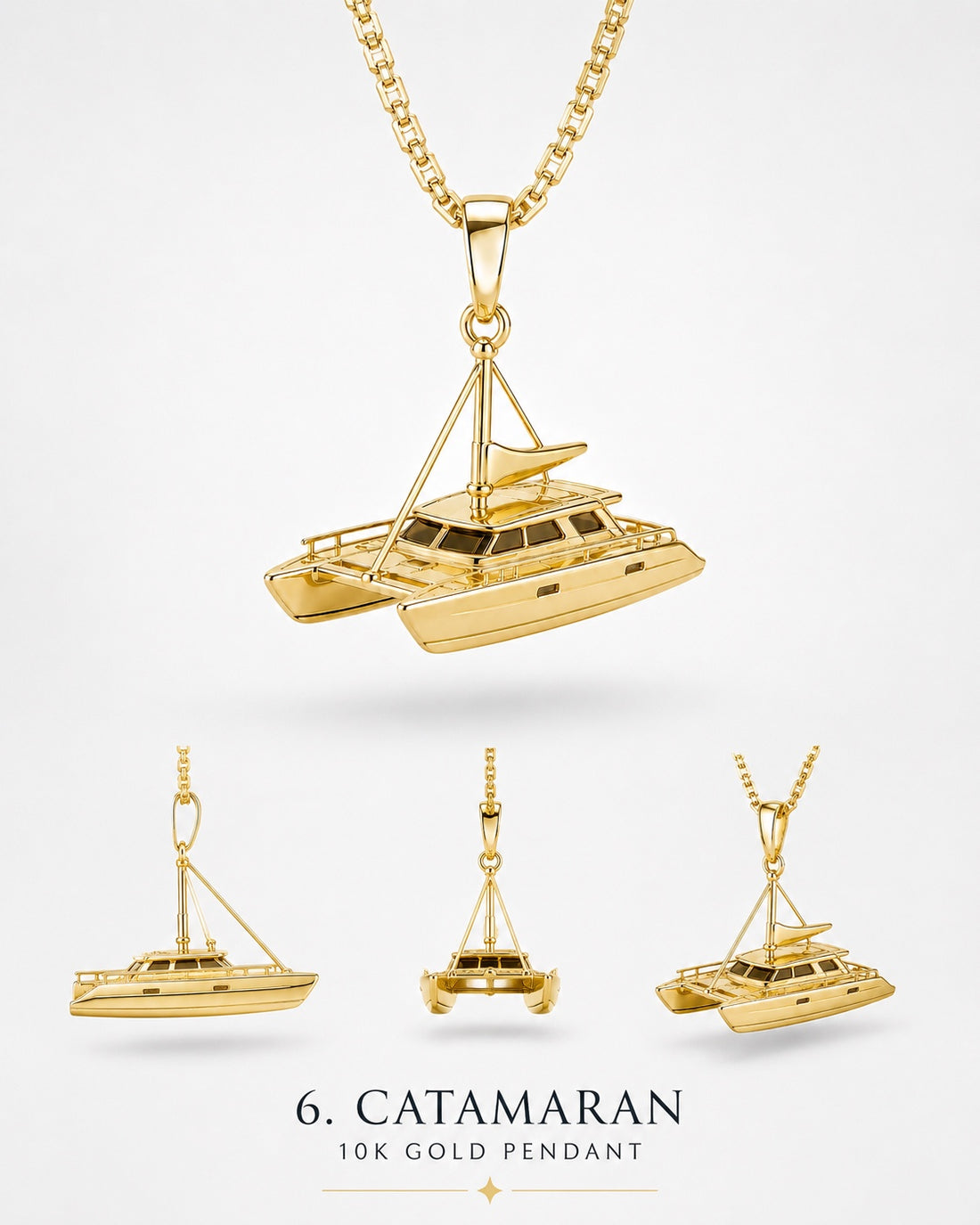 1Luxury Miami solid gold catamaran pendant set-model concept with twin hulls, cabin, and mast shown from multiple angles