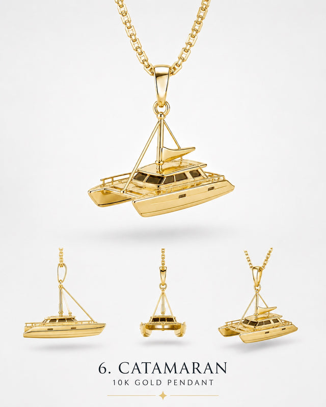 1Luxury Miami solid gold catamaran pendant set-model concept with twin hulls, cabin, and mast shown from multiple angles