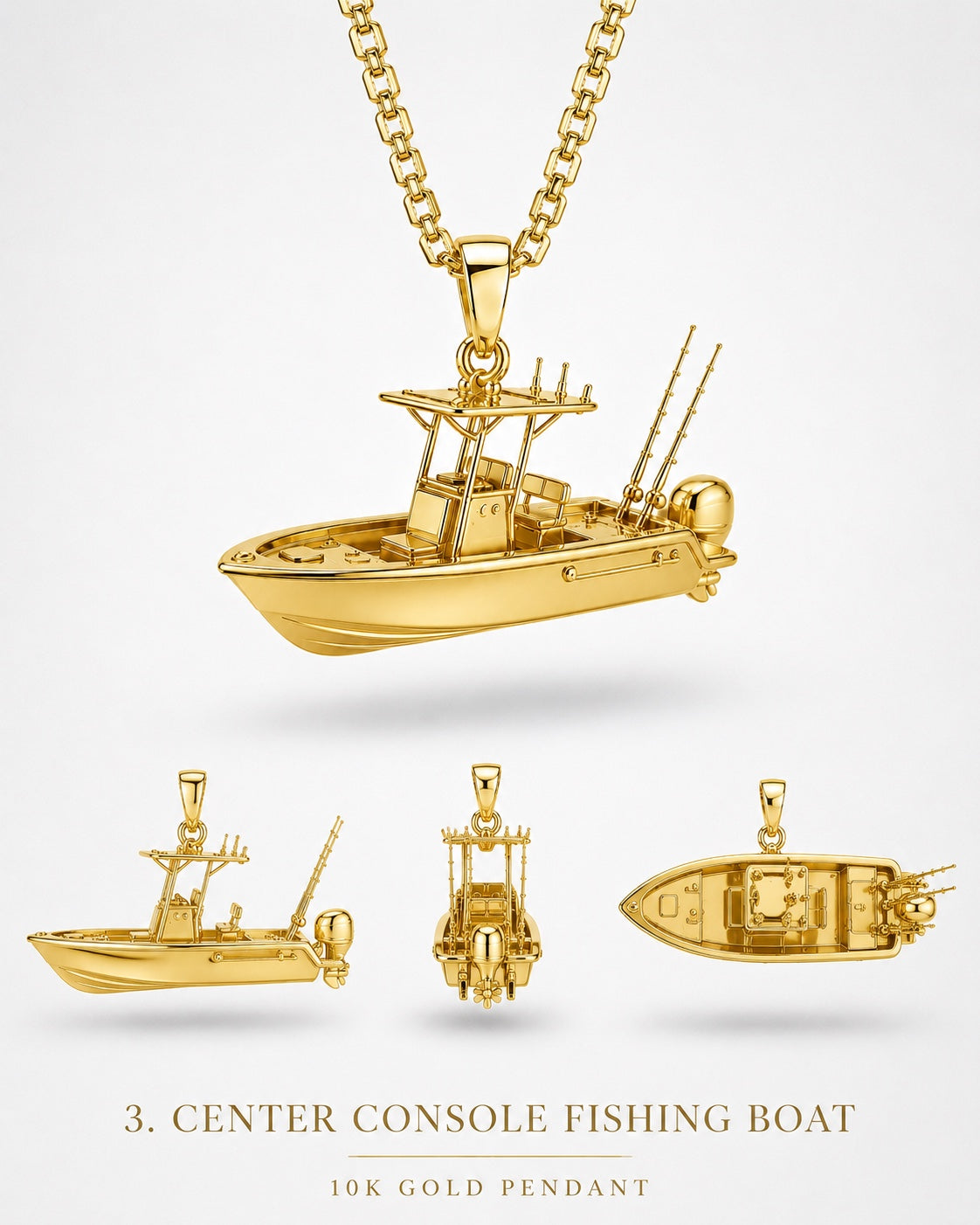 1Luxury Miami solid gold center console fishing boat pendant set-model concept with T-top, outboard motor, and fishing details shown from multiple angles