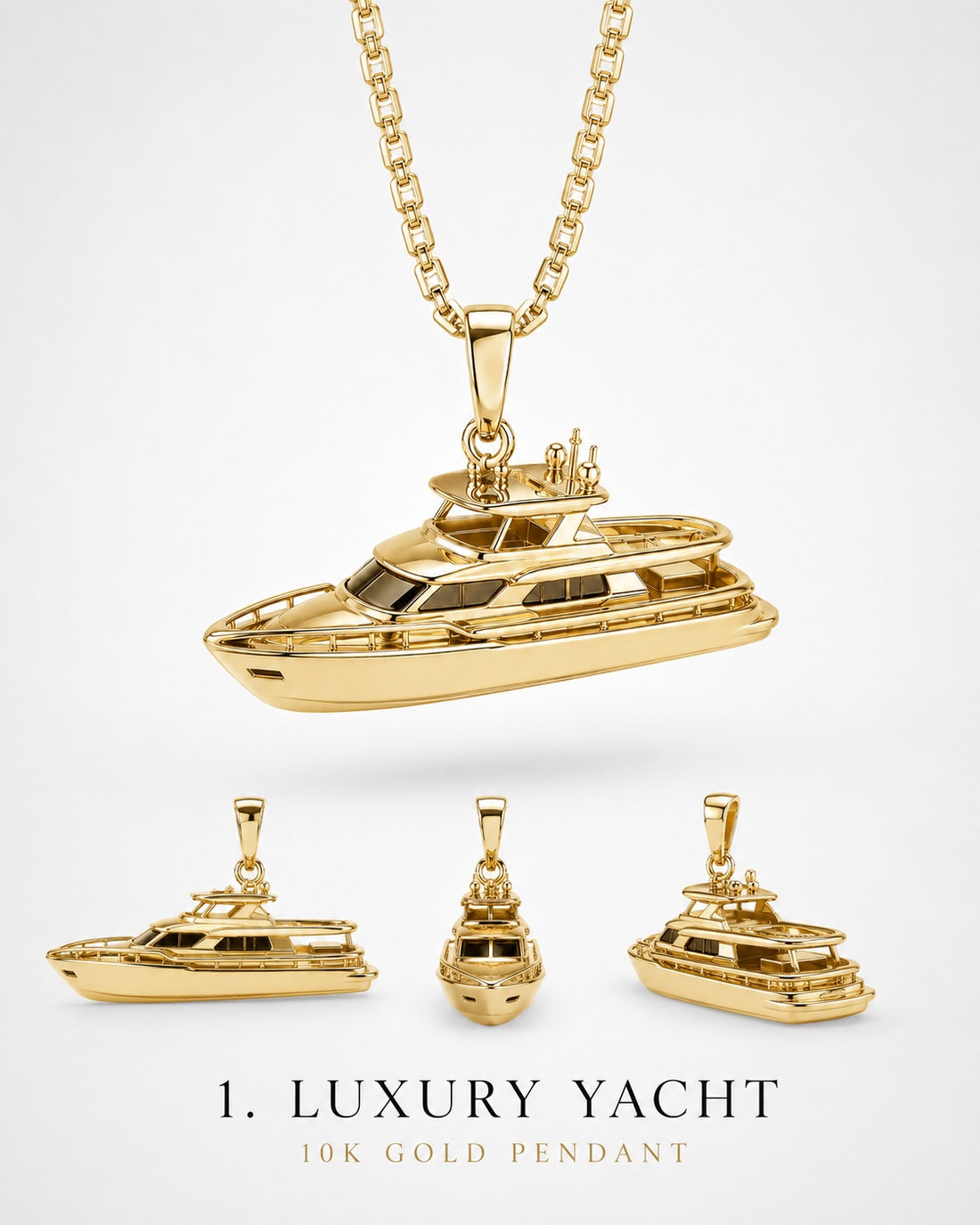 1Luxury Miami solid gold luxury yacht pendant set-model design concept shown from multiple angles