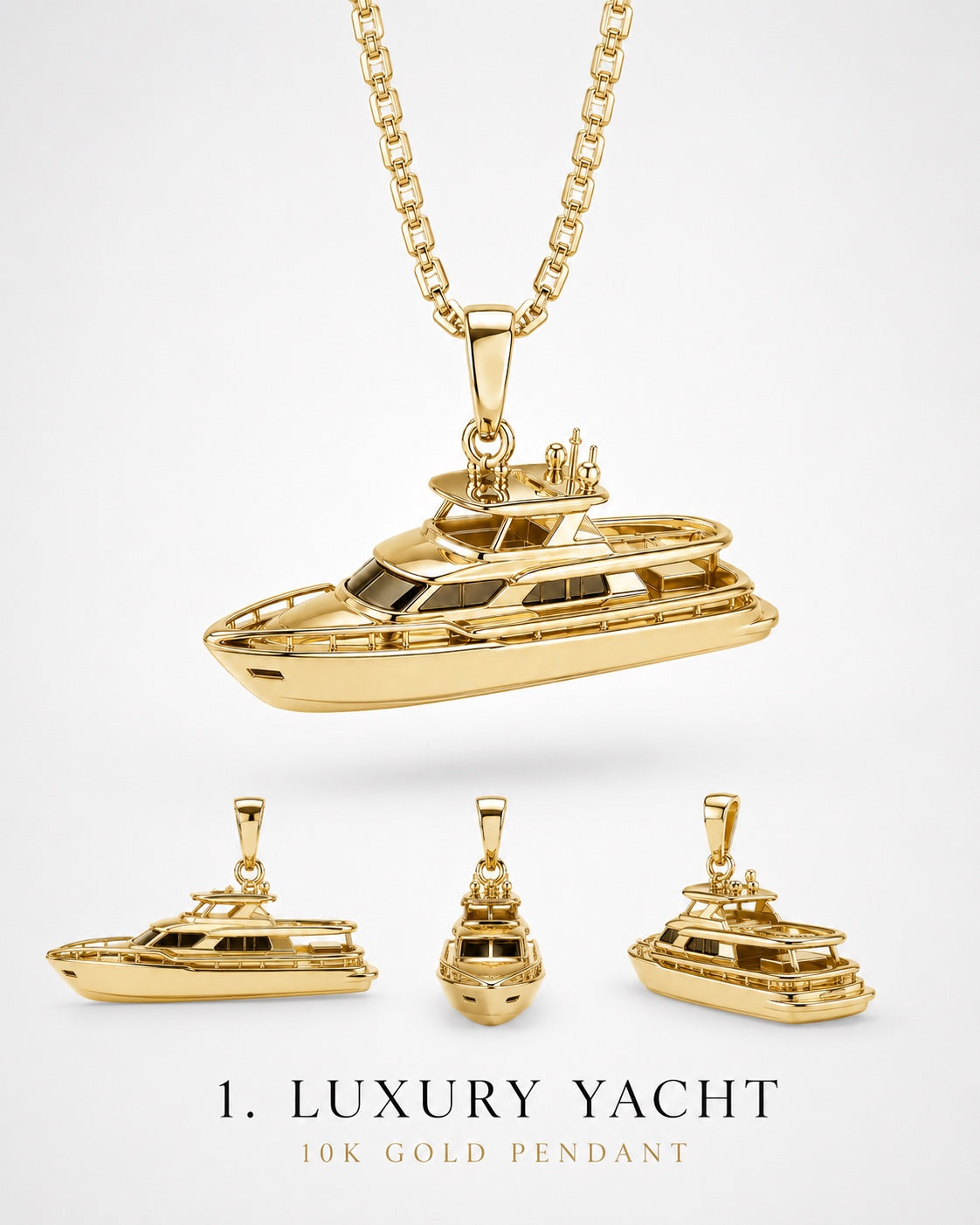 1Luxury Miami solid gold luxury yacht pendant set-model design concept shown from multiple angles