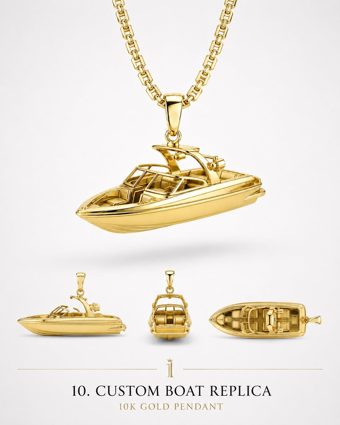 1Luxury Miami solid gold open-bow sport boat pendant set-model concept shown from side, rear, and top views