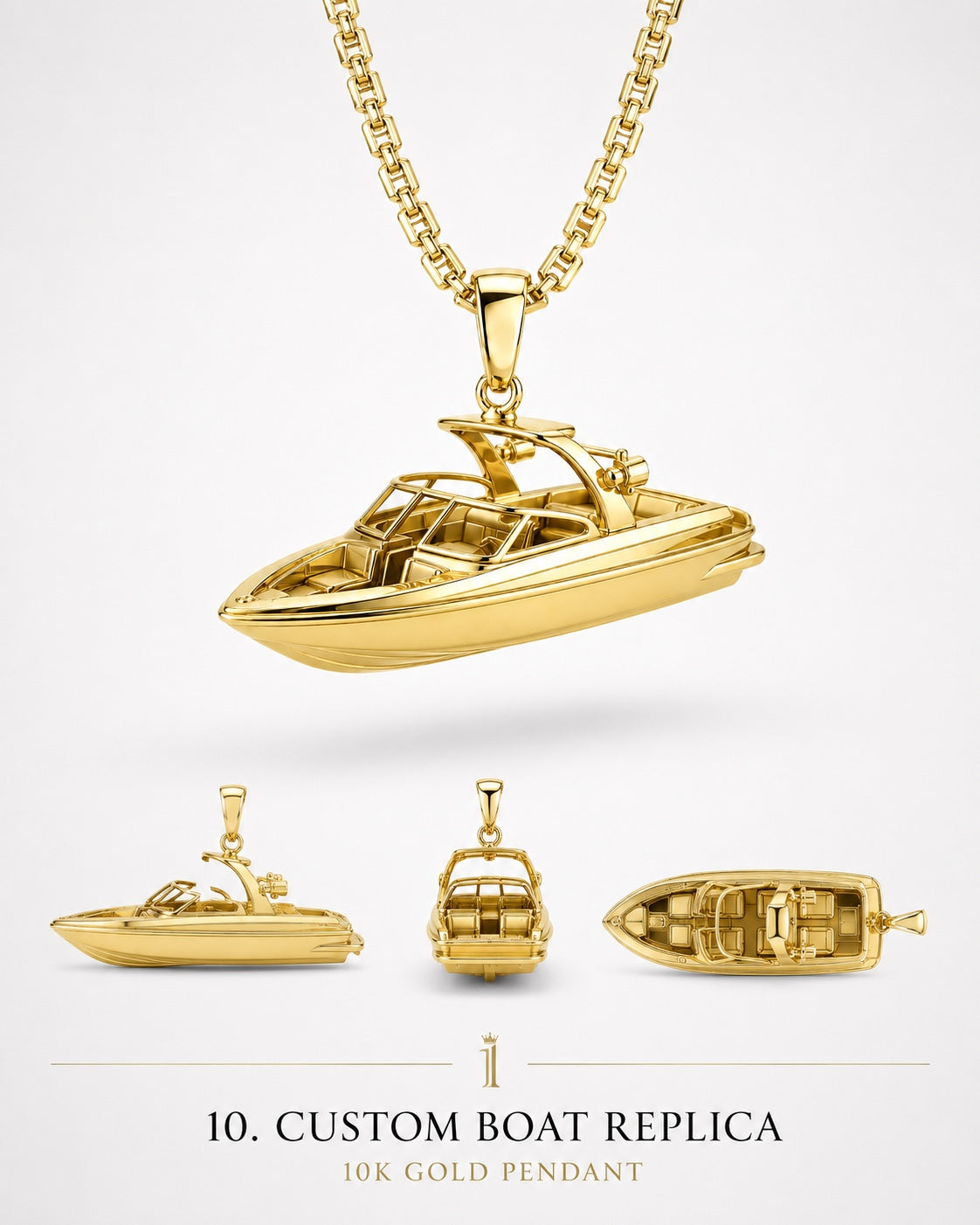 1Luxury Miami solid gold open-bow sport boat pendant set-model concept shown from side, rear, and top views