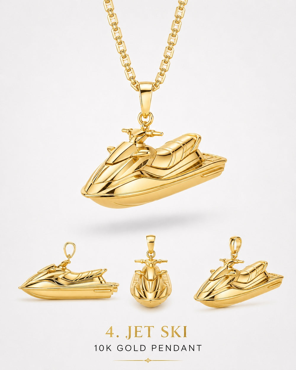 1Luxury Miami solid gold personal watercraft pendant set-model concept shown from side, front, and three-quarter views