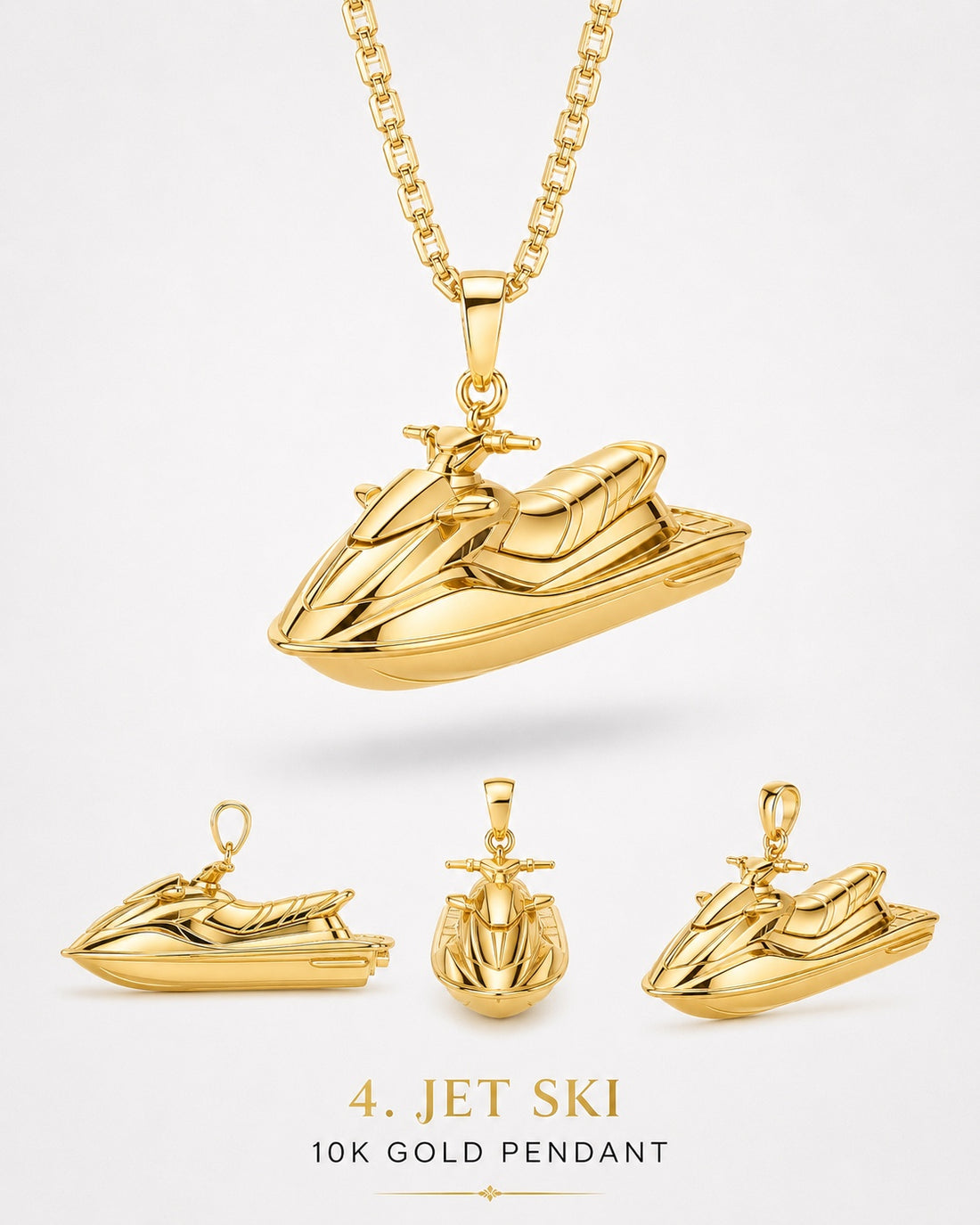 1Luxury Miami solid gold personal watercraft pendant set-model concept shown from side, front, and three-quarter views