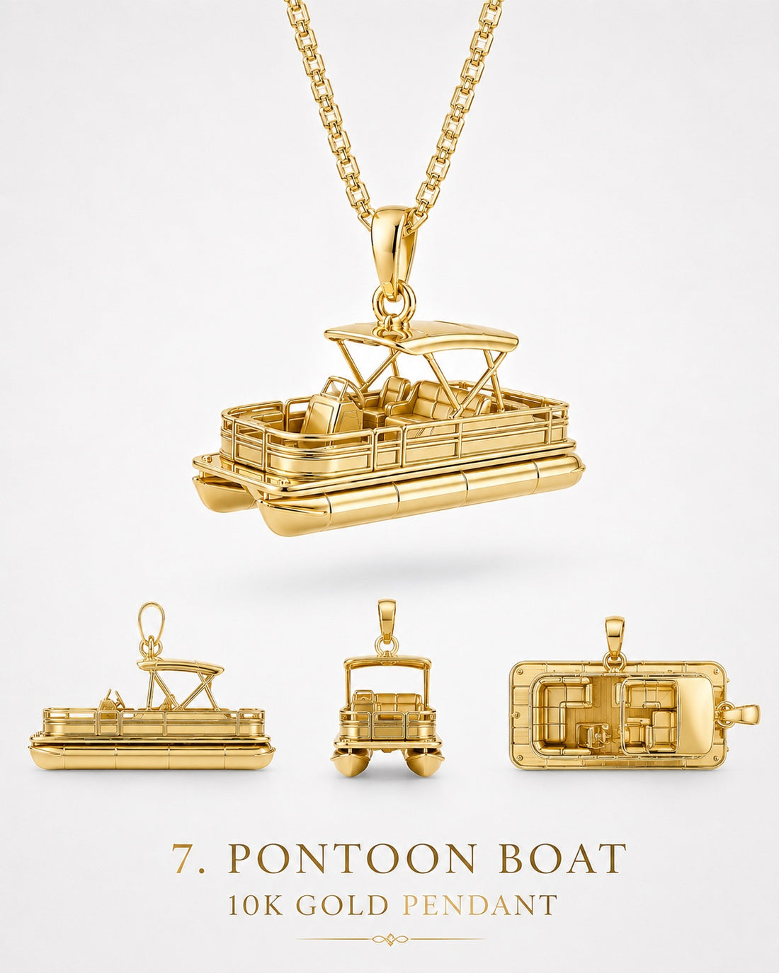 1Luxury Miami solid gold pontoon boat pendant set-model concept with canopy, seating, rails, and twin pontoons shown from multiple angles