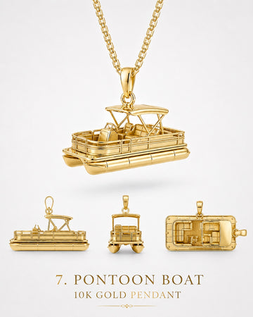 1Luxury Miami solid gold pontoon boat pendant set-model concept with canopy, seating, rails, and twin pontoons shown from multiple angles