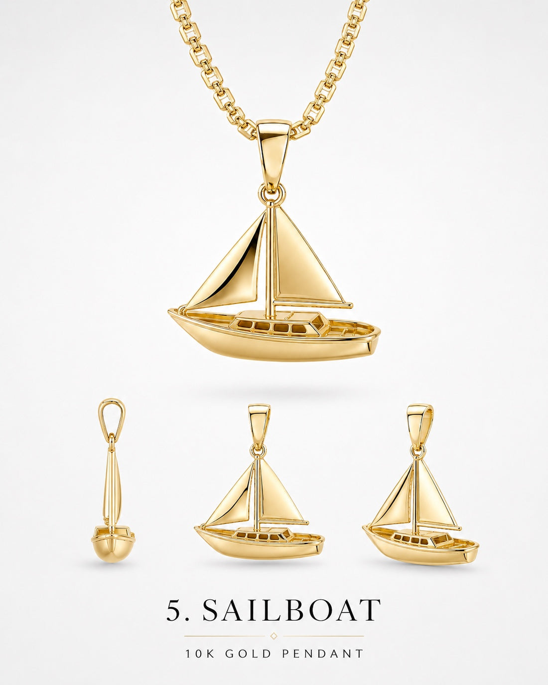 1Luxury Miami solid gold sailboat pendant set-model concept with mast, sails, and cabin shown from multiple angles