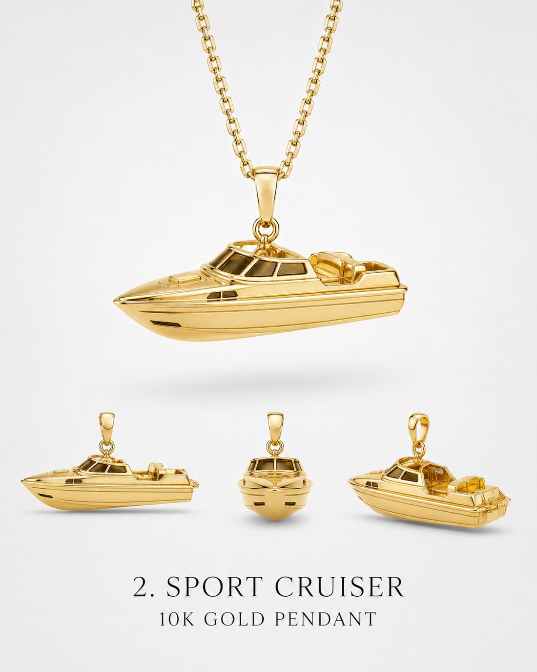 1Luxury Miami solid gold sport cruiser boat pendant set-model design concept shown from side, front, and rear angles