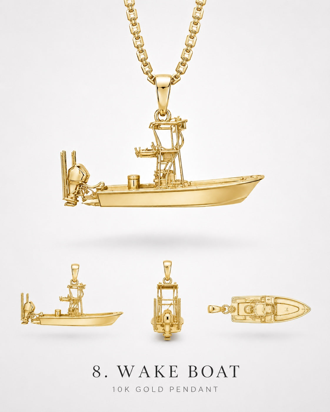 1Luxury Miami solid gold wake boat pendant set-model concept with tower, seating, deck, and hull shown from side, front, and top angles