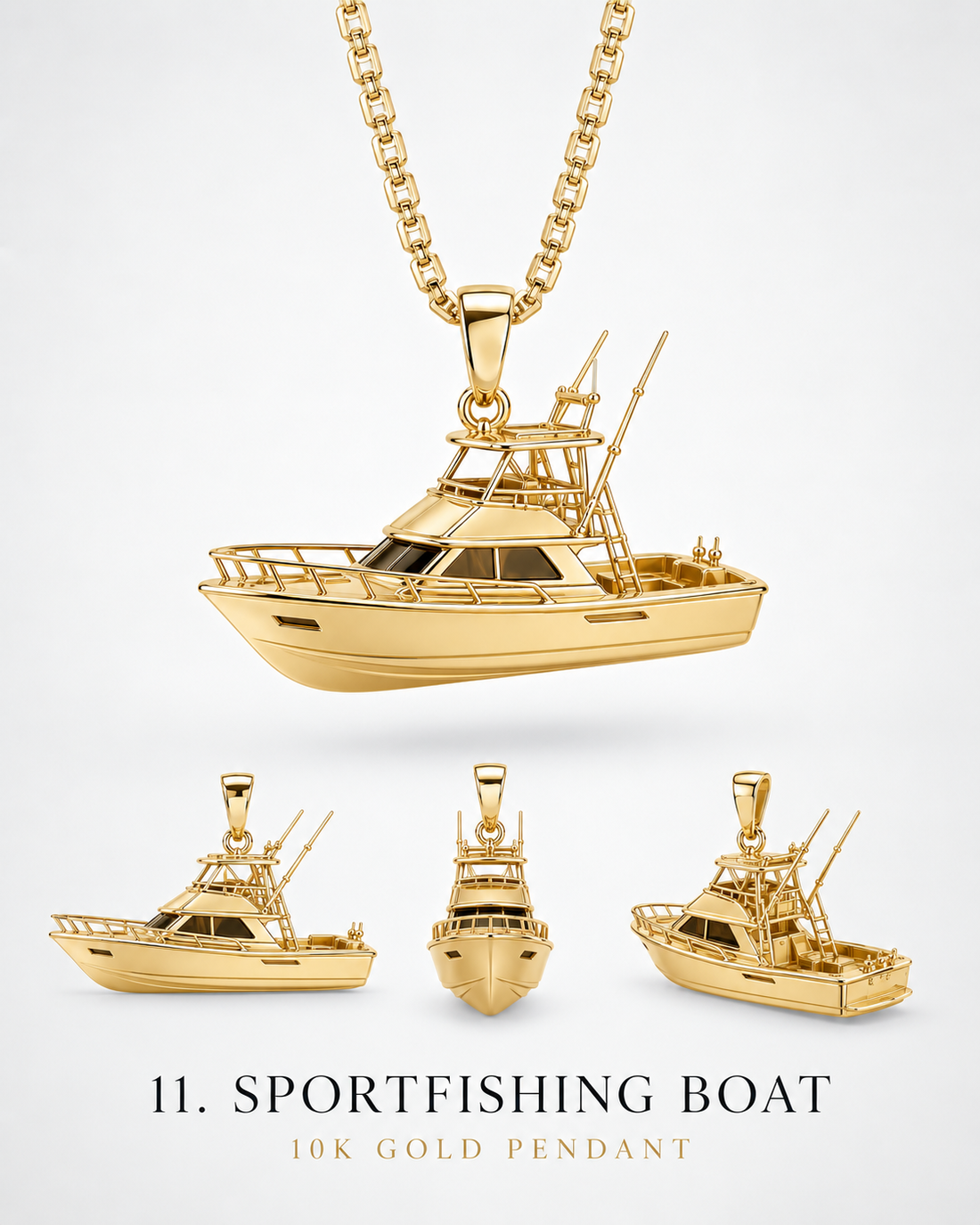 Sportfishing boat pendant catalog with yellow-gold hero and alternate views. AI-generated design rendering; display chain not included.
