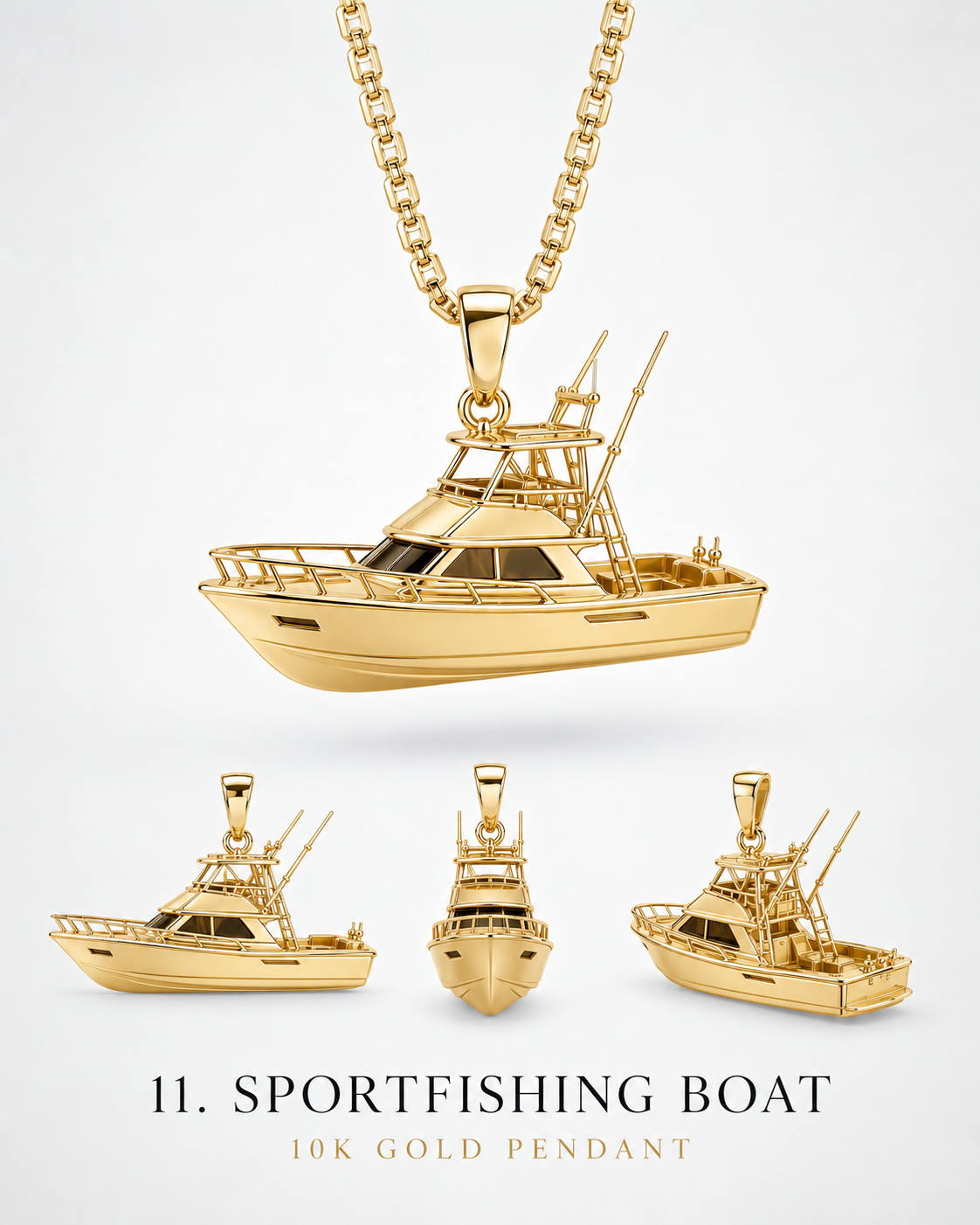 Sportfishing boat pendant catalog with yellow-gold hero and alternate views. AI-generated design rendering; display chain not included.