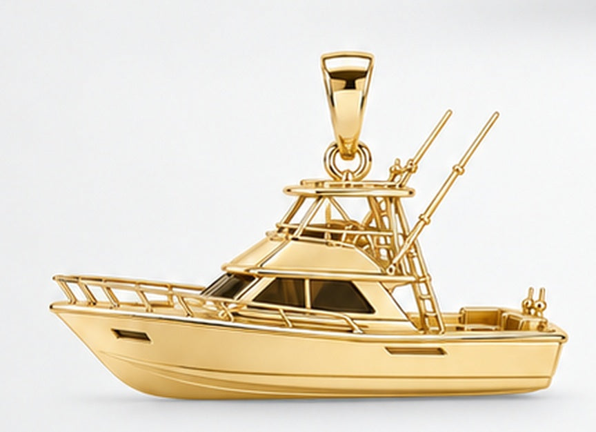 Yellow-gold sportfishing boat pendant with cabin, fishing tower and bail, side view. AI-generated design rendering; pendant only.