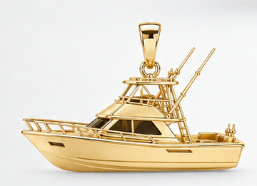 Yellow-gold sportfishing boat pendant with cabin, fishing tower and bail, side view. AI-generated design rendering; pendant only.